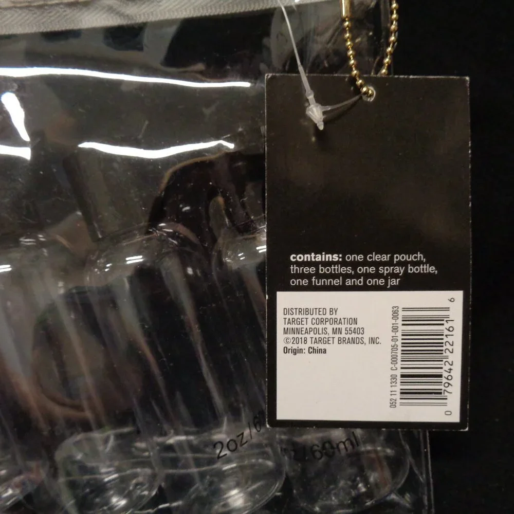 Travel kit:  Clear pouch, 3 bottles( 2 oz) , 1 spray bottle, one jar, one funnel